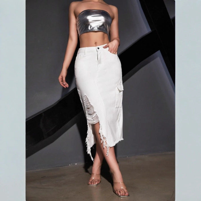 Damen Midirock aus Denim mit seitlicher Cargotasche, hoher Taille und Destroyed‑Schlitz Echo Archiv
