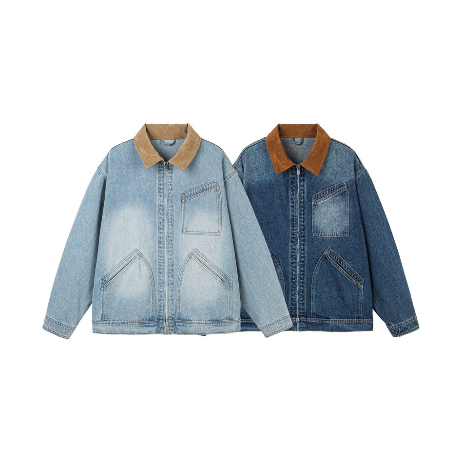 Herren Relaxed-Denimjacke mit Kontrast-Cordkragen und schräger Brusttasche Echoarchiv