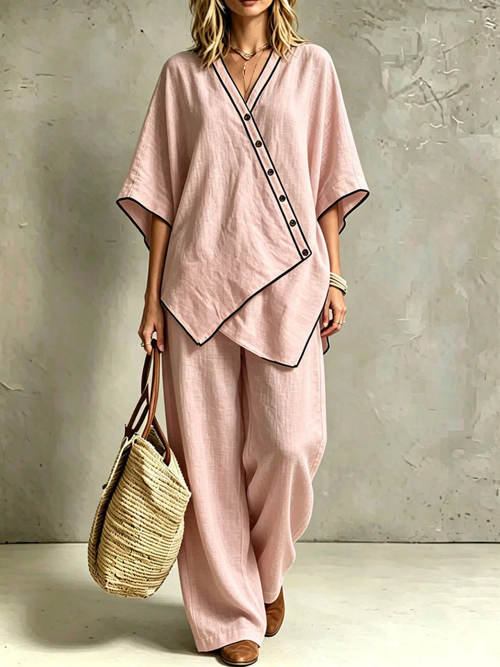 Damen Asymmetrisches Tunika-Loungewear-Set mit diagonaler Knopfleiste und weiter Palazzohose – Élanora