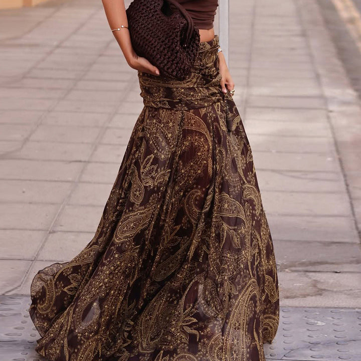 Damen Langer Chiffon-Rock mit gerafftem Bund, Paisley-Print und Zipfelsaum – Valéora