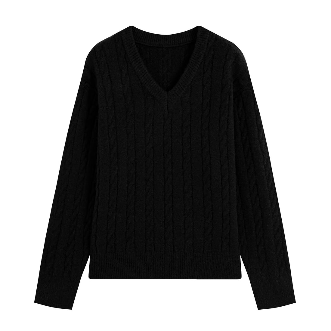 Damen Oversize Zopfmuster-Pullover mit V-Ausschnitt und breitem Rippbündchen Echoarchiv