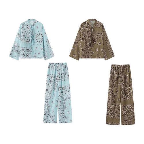 Damen Zweiteiliges Satinoptik-Lounge-Set mit Paisley-Print, Kimonokragen-Bluse und weiter Culotte-Hose Echo Archiv