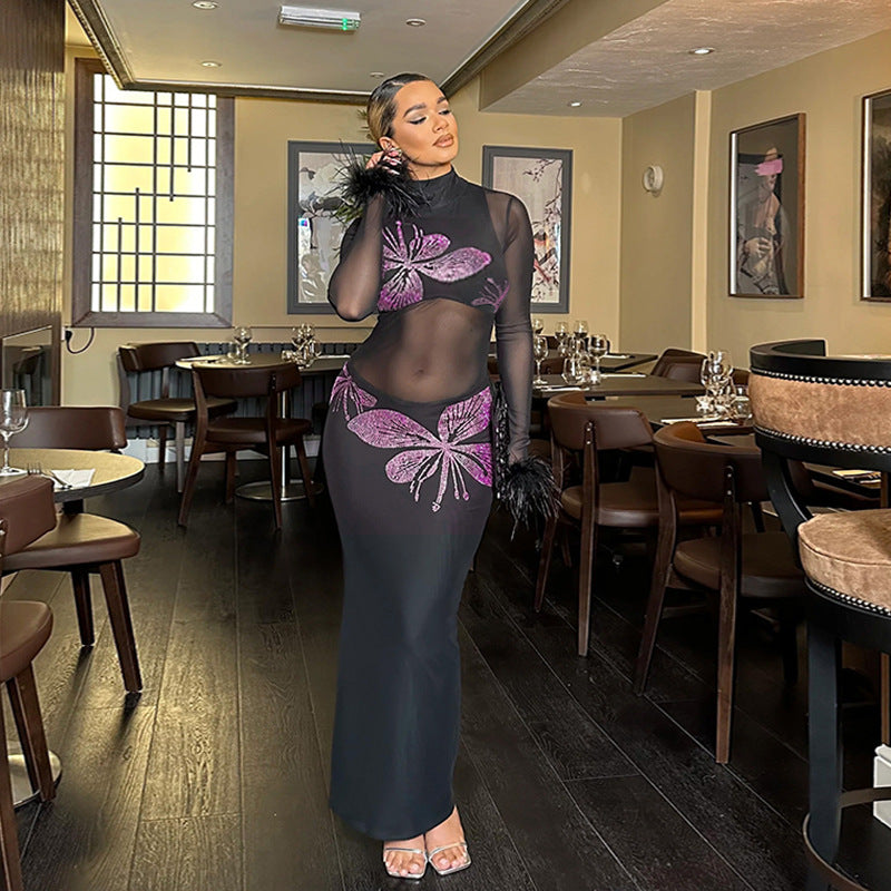 Damen Transparente Maxi-Robe mit kunstvollen Schmetterlingsdetails Echo Archiv