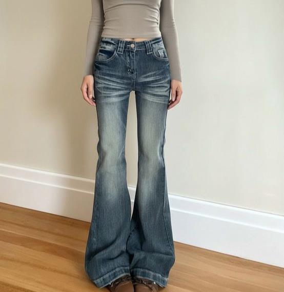 Damen klassische Flared Jeans mit hoher Taille und ausgefranstem Saum Echo Archiv