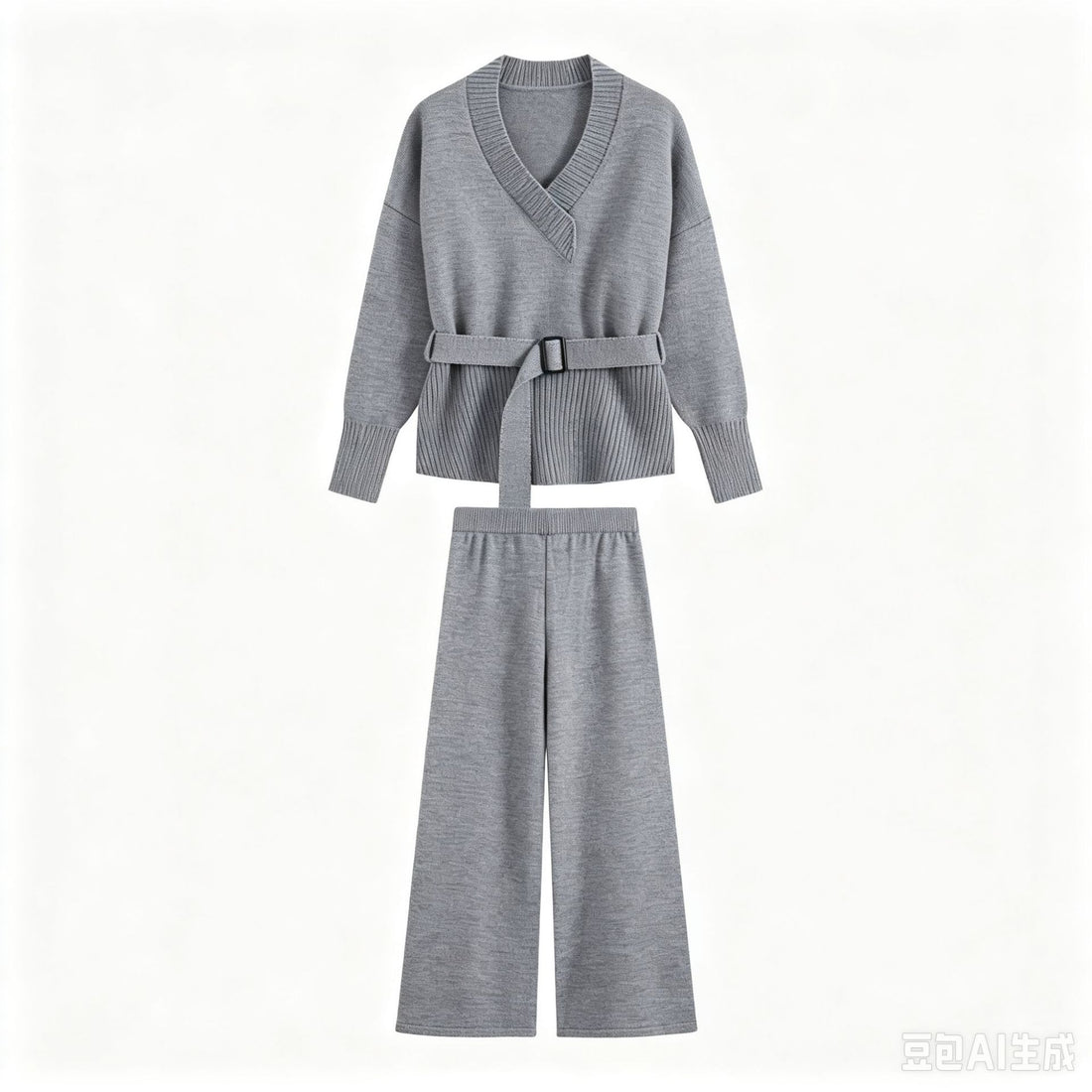 Damen Strick-Set mit V‑Ausschnitt, Taillengürtel und weiten Culotte-Hosen Echo Archiv