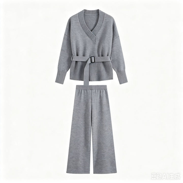 Damen Strick-Set mit V‑Ausschnitt, Taillengürtel und weiten Culotte-Hosen Echo Archiv