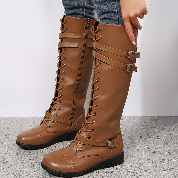 Damen nan kniehohe Military‑inspirierte Schnürstiefel mit seitlichem Reißverschluss verstellbaren Ziergurten und stoßdämpfender Profilsohle Echo Archiv