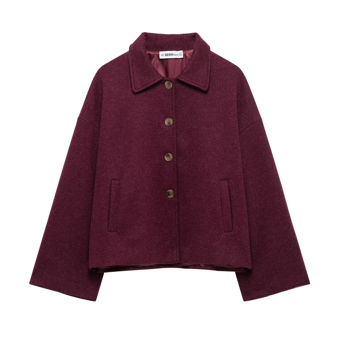 Damen kurze kastige Wolljacke mit Hemdkragen, durchgehender Knopfleiste und eingesetzten Eingrifftaschen – Célinea