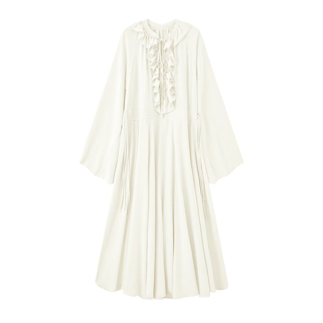 Damen Maxikleid mit Volants, Bindekragen und weitem Glockenärmel Echo Archiv