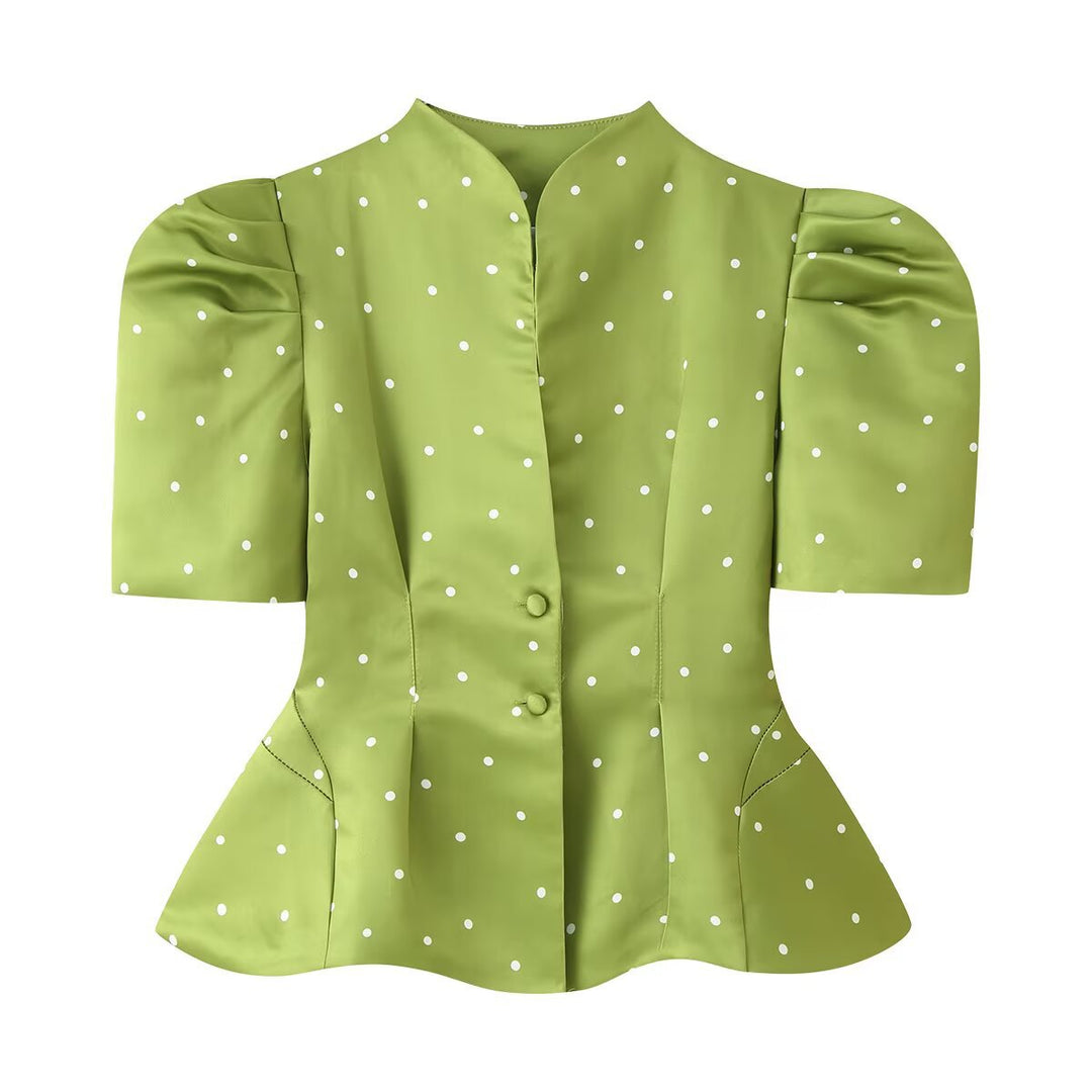 Damen Polka-Dot Bluse mit Stehkragen, Puffärmeln und tailliertem Schößchen Echo Archiv