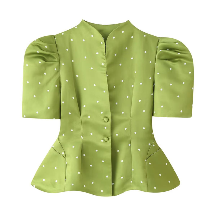 Damen Polka-Dot Bluse mit Stehkragen, Puffärmeln und tailliertem Schößchen Echo Archiv