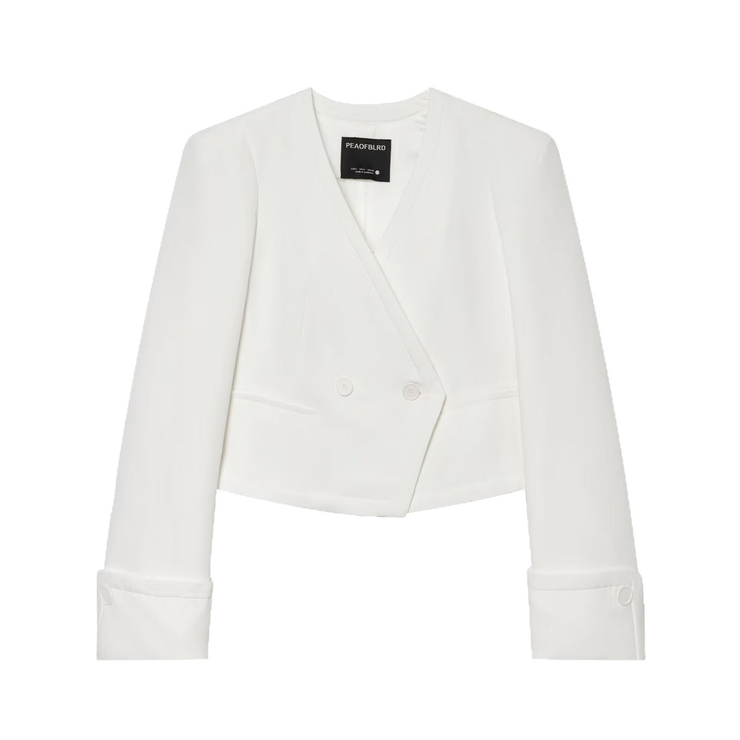 Damen Cropped Zweireihiger Blazer mit tiefem V-Ausschnitt und Manschetten Echoarchiv