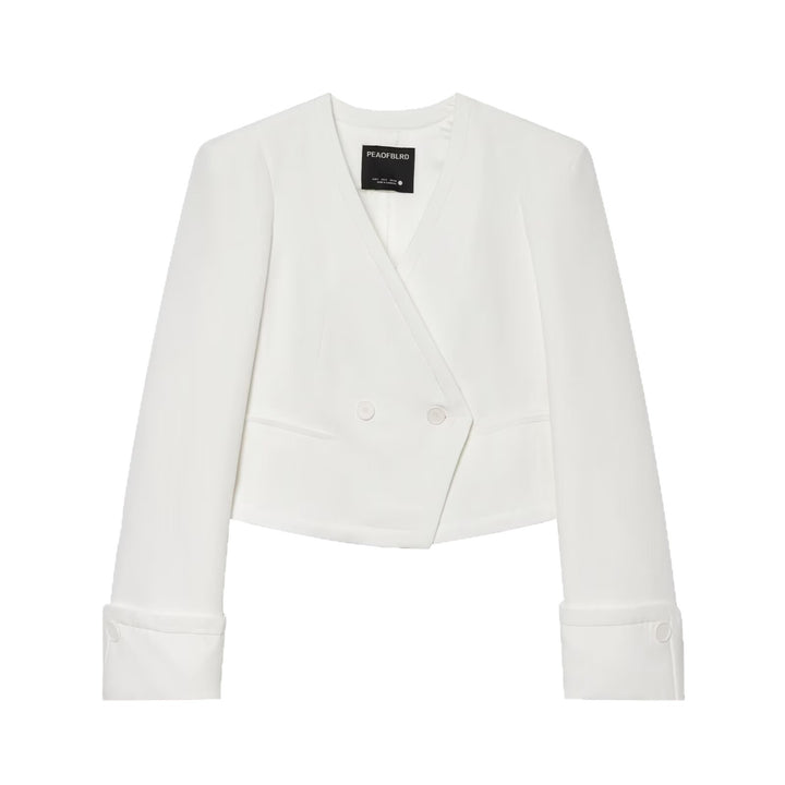 Damen Cropped Zweireihiger Blazer mit tiefem V-Ausschnitt und Manschetten Echoarchiv