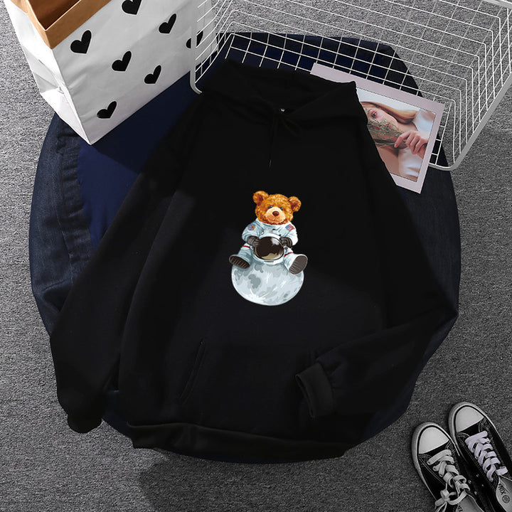 Damen weicher Oversize-Kapuzenpullover mit kawaii Pilzfrosch-Print, Kängurutasche und gerippten Bündchen – Auréline