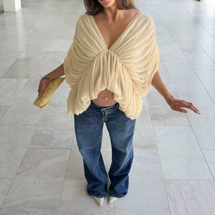 Damen Drapiertes Chiffon-Top mit V-Ausschnitt und voluminösen Fledermausärmeln Echoarchiv