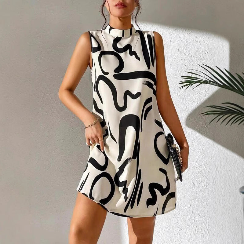 Damen A-linien Minikleid mit Echoarchivrnem grafischem Muster und Stehkragen Echoarchiv