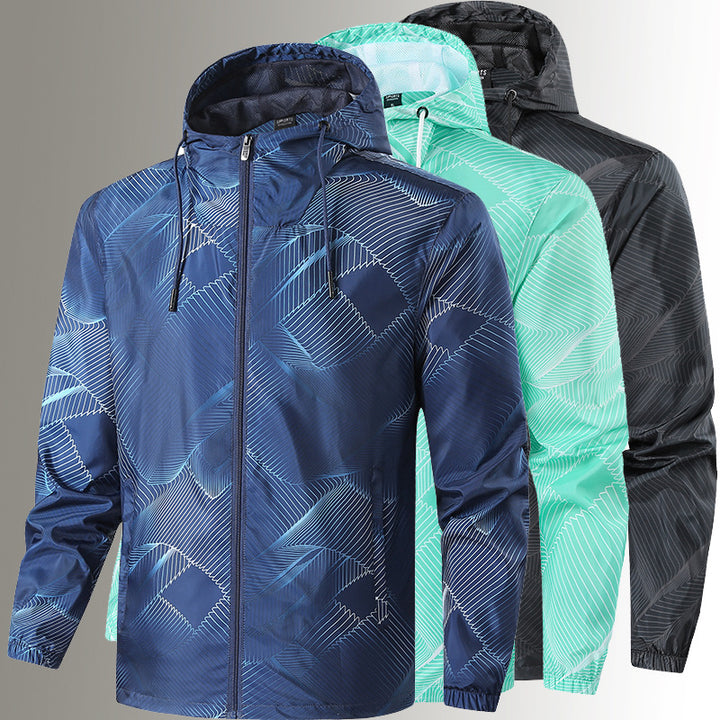 Herren Leichte Kapuzen-Windbreakerjacke mit grafischem Allover-Print und Packfunktion Echo Archiv