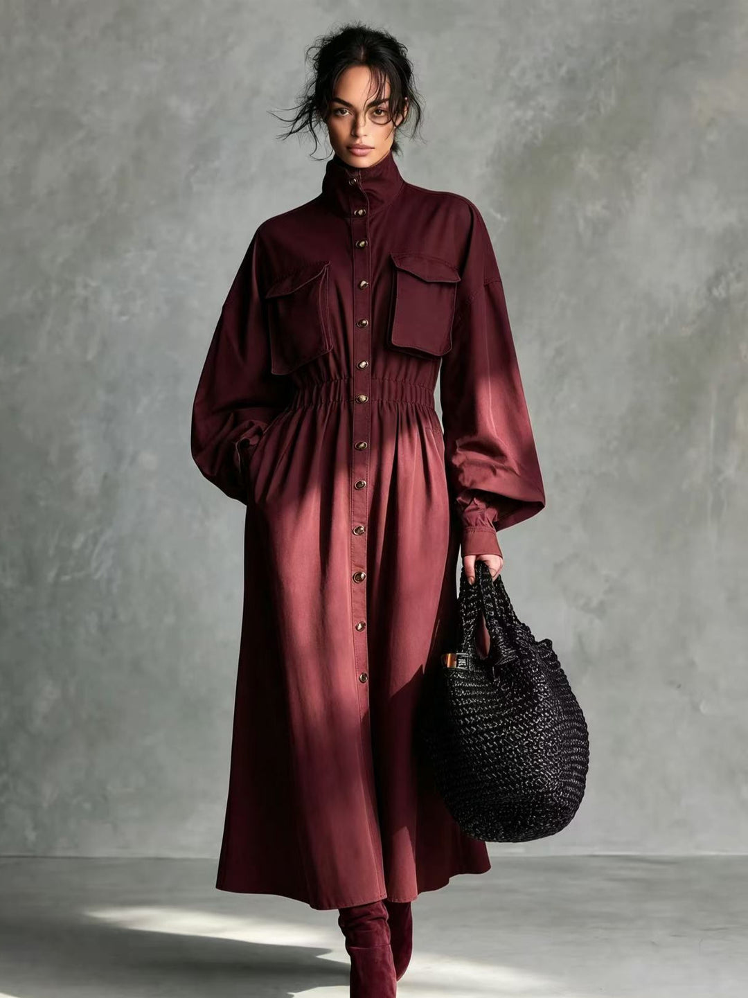 Damen Elegantes Hemdkleid mit Taschen und Taillengürtel Echo Archiv
