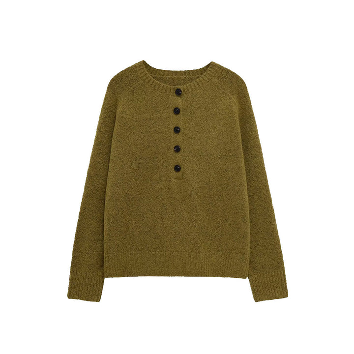 Damen Bouclé-Pullover mit Henley-Knopfleiste und Raglanärmeln Echoarchiv