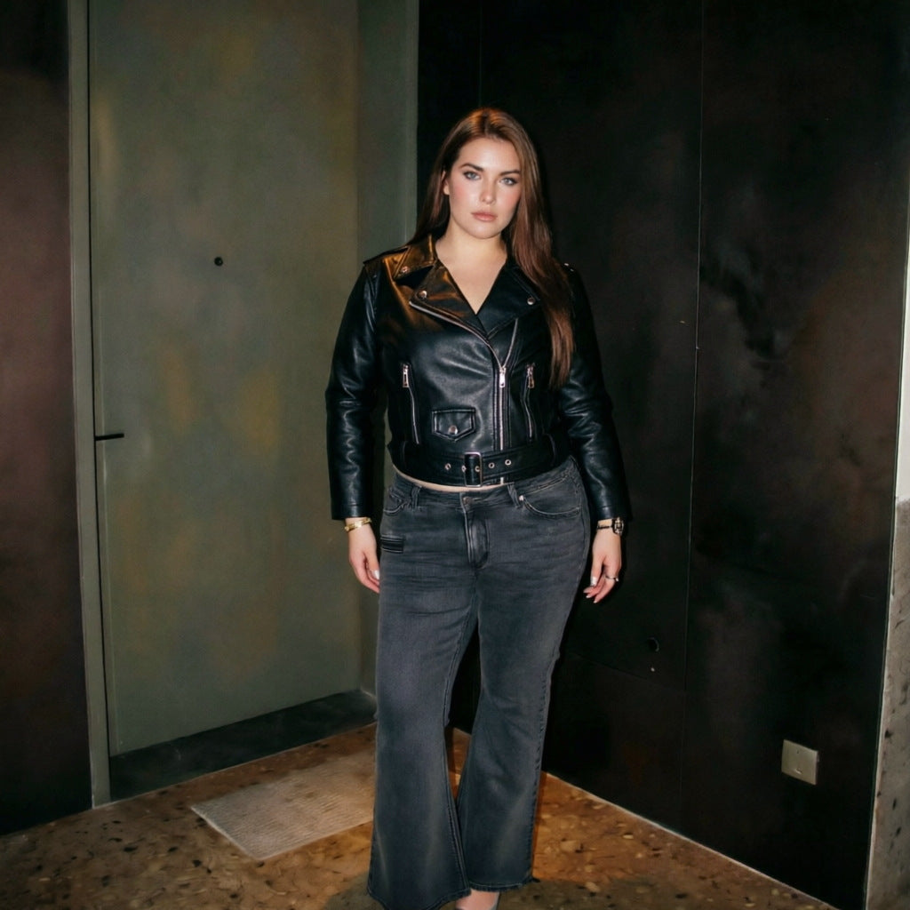 Damen Modische Bikerjacke mit Gürtel Echo Archiv