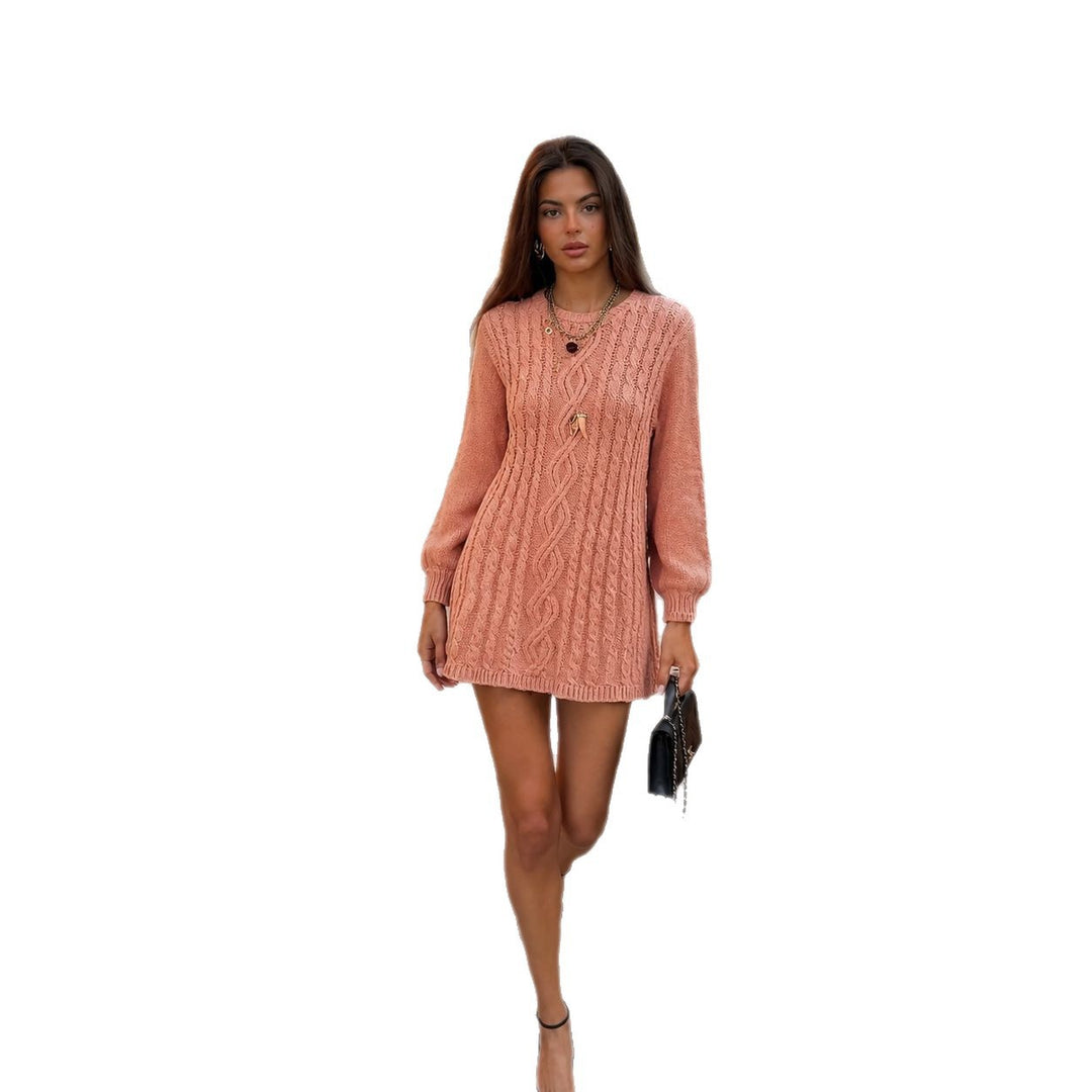 Damen Strickkleid mit Zopfmuster und Ballonärmeln – Mavelle