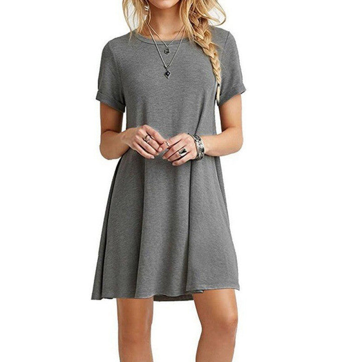 Damen locker fallendes Freizeitkleid mit Rundhalsausschnitt und kurzen Ärmeln Echoarchiv