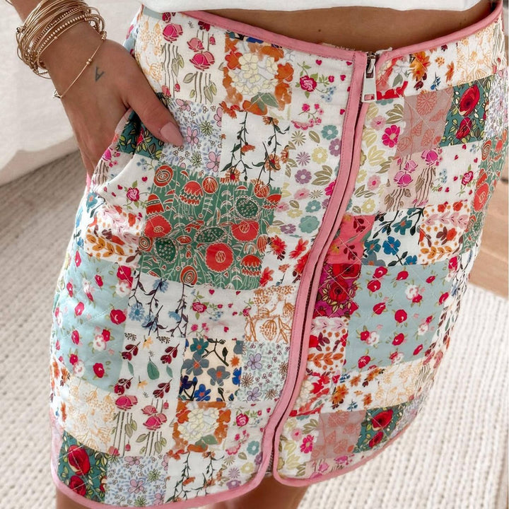 Damen Patchwork Rock mit Reißverschluss und seitlichen Taschen Echo Archiv