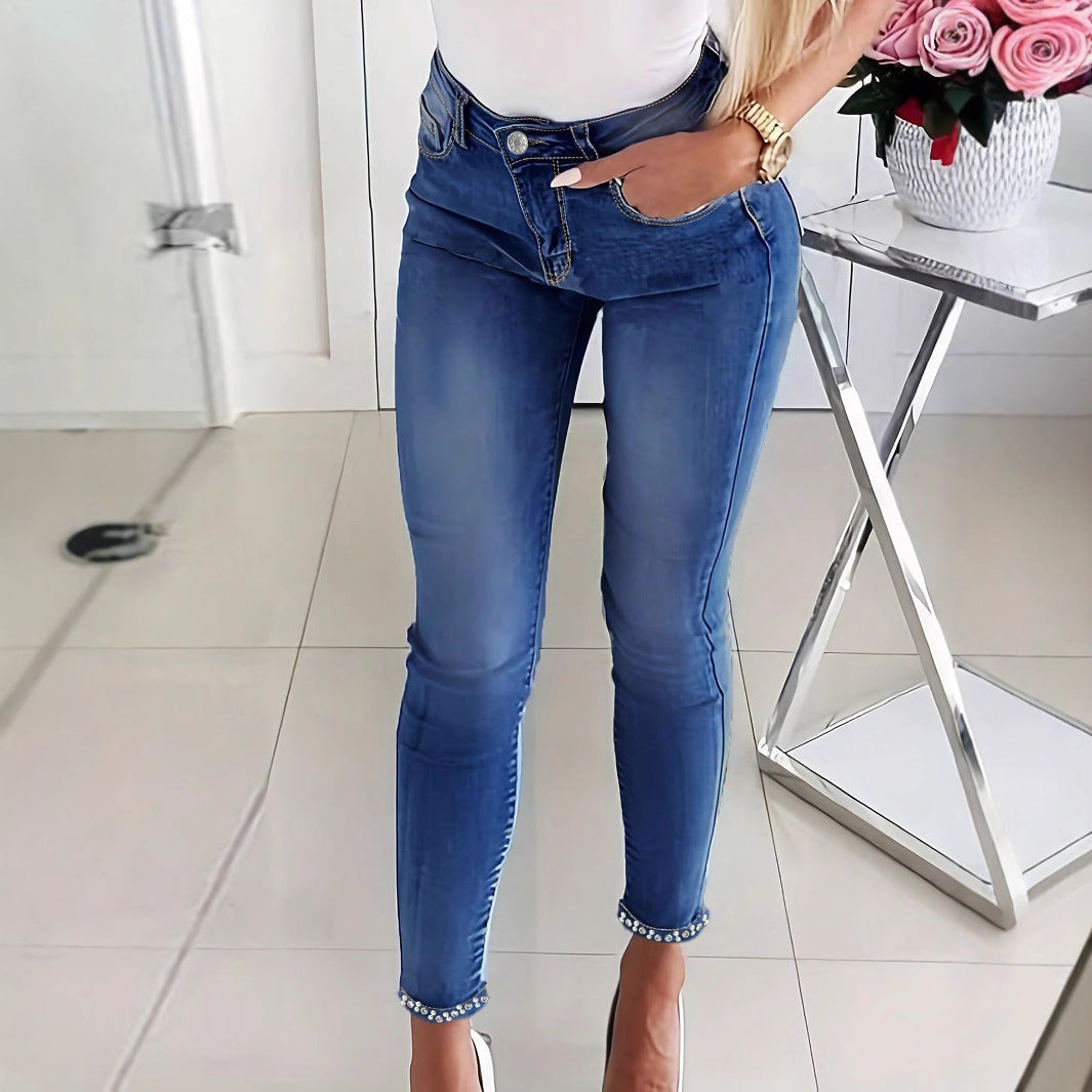 Damen Skinny-Jeans mit Perlenbesatz und Zier-Schleifen Echo Archiv