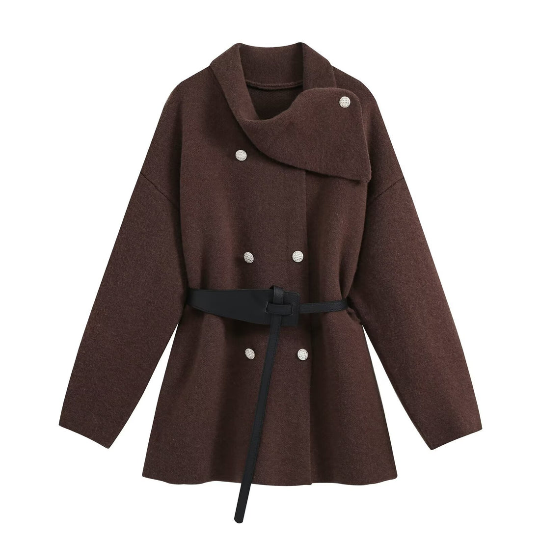 Damen Cropped Bouclé-Mantel mit asymmetrischem Schalkragen und dekorativem Gürtel Echoarchiv