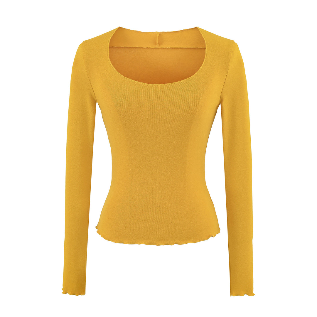 Damen Figurbetontes Langarm-Feinstrickshirt mit quadratischem Ausschnitt und Wellensaum Echoarchiv