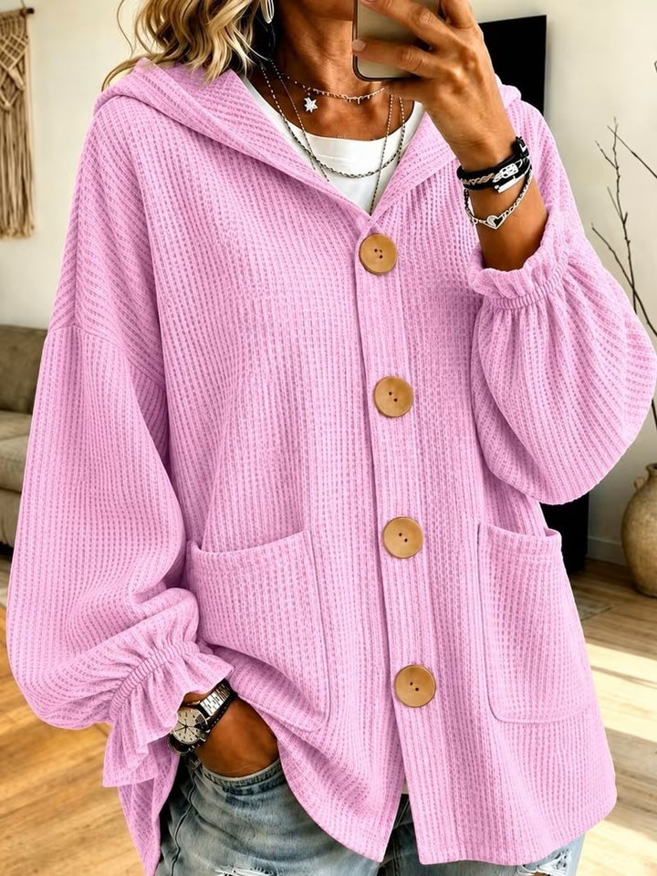 Damen Oversize Kapuzen-Strickjacke mit Waffelstruktur und Holzknöpfen Echo Archiv