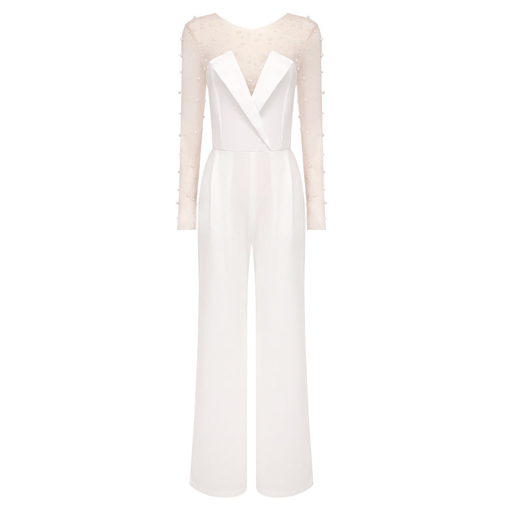 Damen eleganter Jumpsuit mit transparenten Ärmeln und Perlenverzierung Echo Archiv