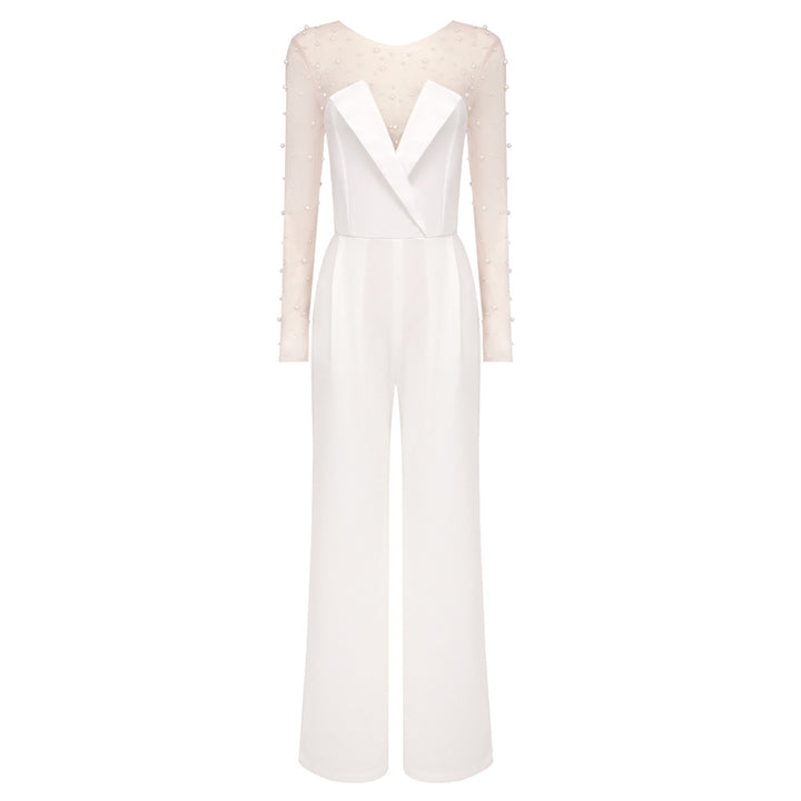 Damen eleganter Jumpsuit mit transparenten Ärmeln und Perlenverzierung Echo Archiv