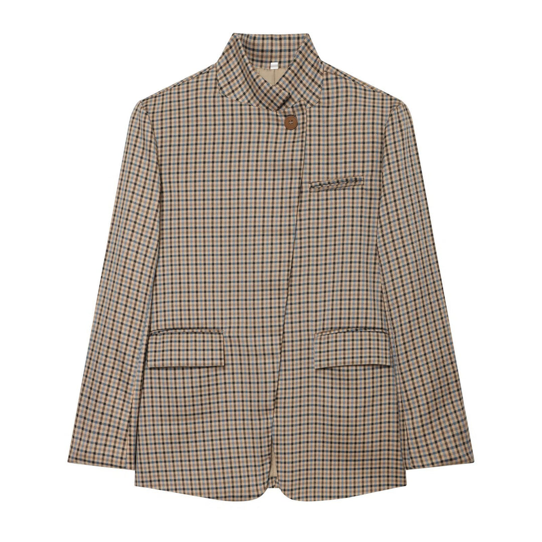 Damen Karierter Longblazer mit Stehkragen, verdeckter Knopfleiste und Pattentaschen Echoarchiv