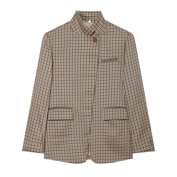 Damen Karierter Longblazer mit Stehkragen, verdeckter Knopfleiste und Pattentaschen Echoarchiv