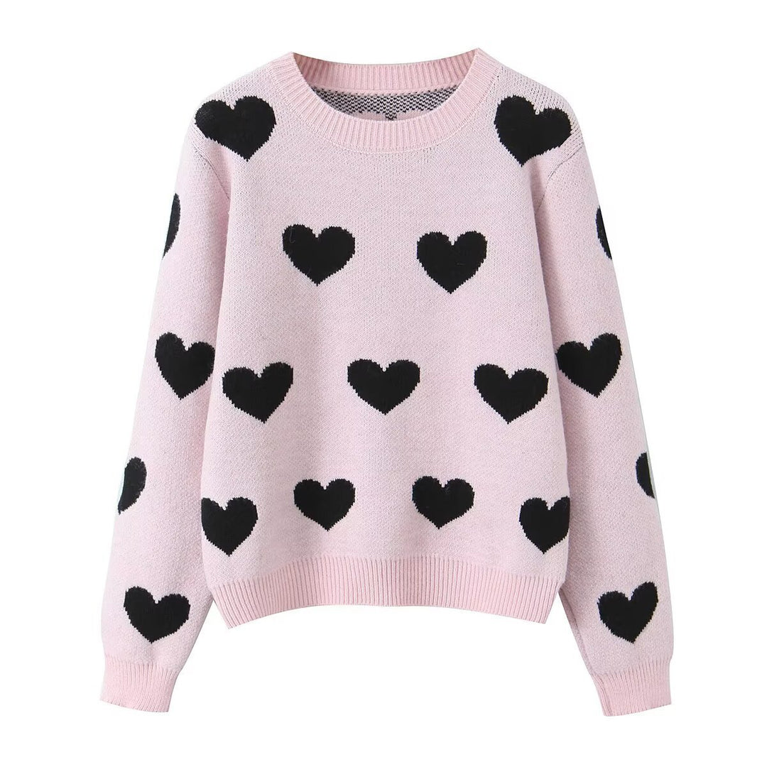 Damen Gemusterter Oversize Strickpullover mit Herzjacquard und Rundhalsausschnitt Echo Archiv