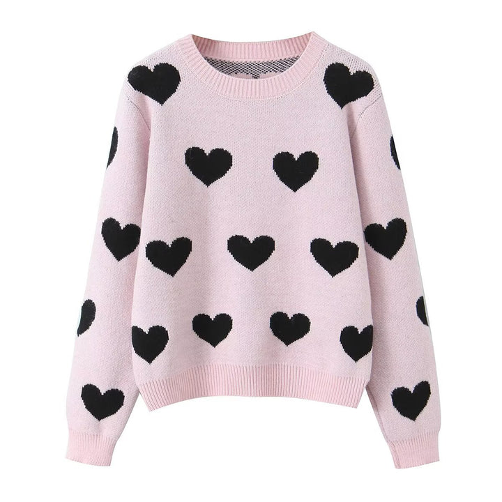 Damen Gemusterter Oversize Strickpullover mit Herzjacquard und Rundhalsausschnitt Echo Archiv