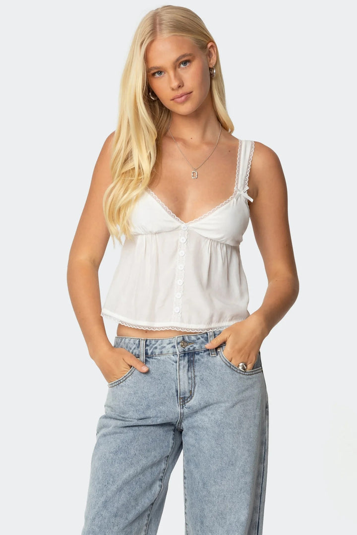 Damen Crop-Top aus feiner Baumwolle mit dekorativen Knopfdetails Echo Archiv