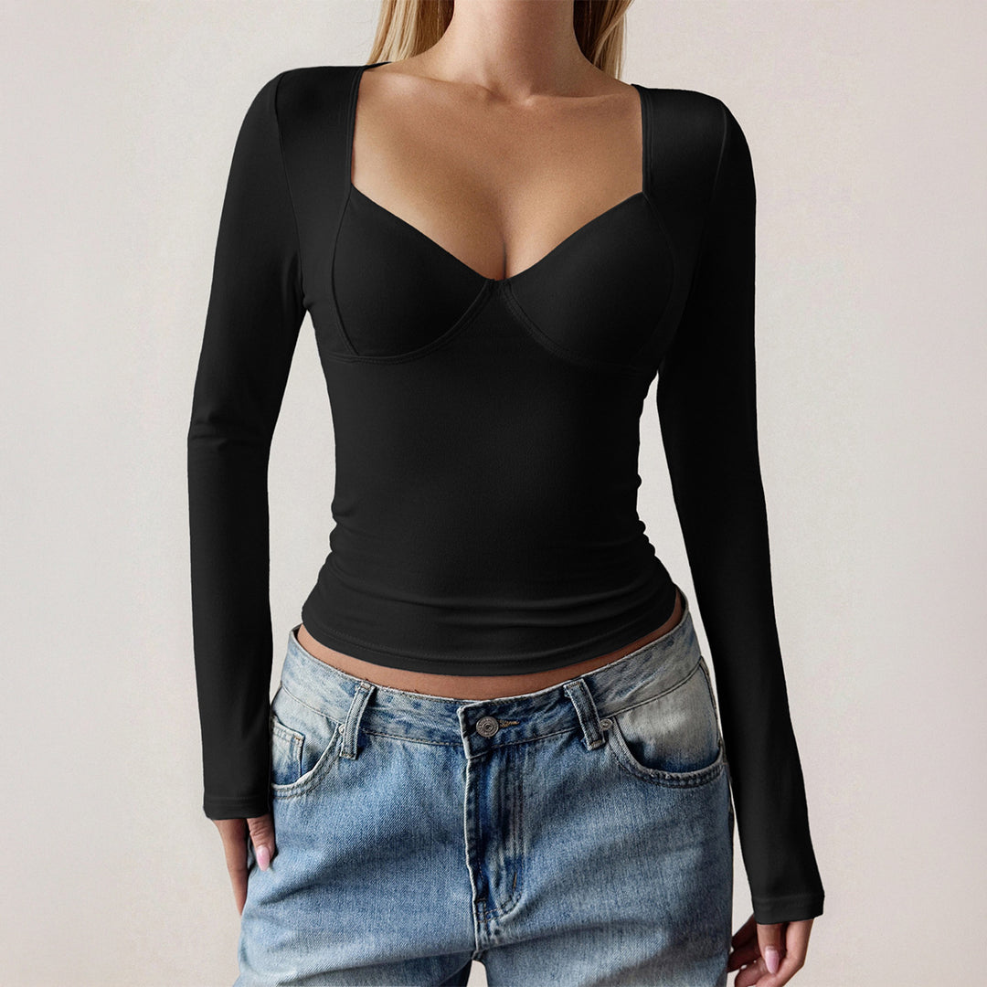 Damen figurbetontes Langarm-Top mit integrierten Bügelcups, quadratischem Ausschnitt und Sculpting-Effekt – Avérine