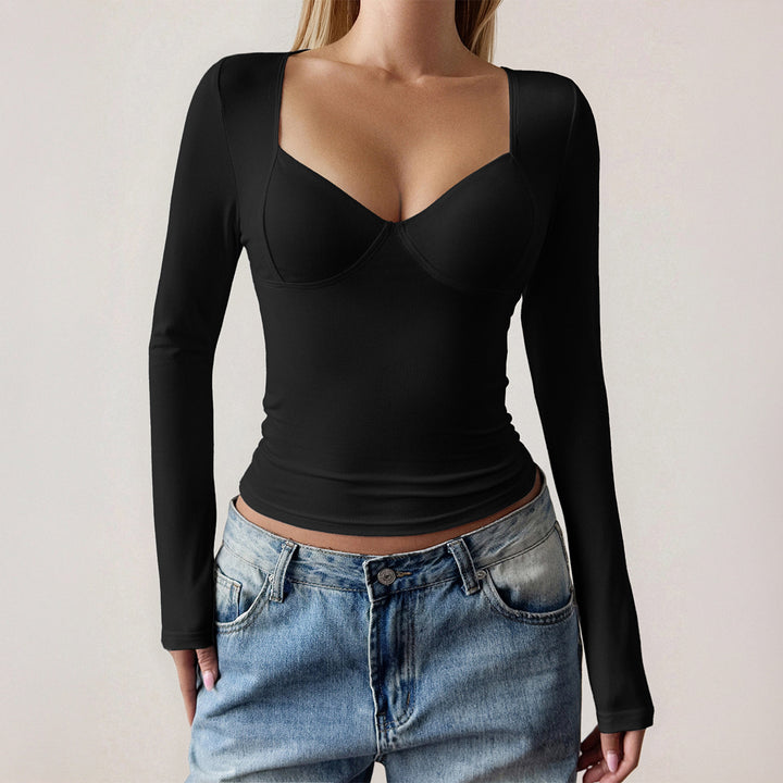 Damen figurbetontes Langarm-Top mit integrierten Bügelcups, quadratischem Ausschnitt und Sculpting-Effekt – Avérine