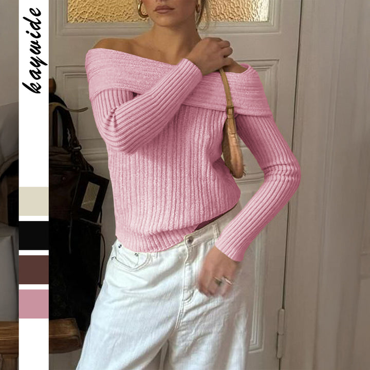 Damen Off-Shoulder Rippstrickpullover mit schmaler Silhouette und gerolltem Ausschnitt – Mavelle
