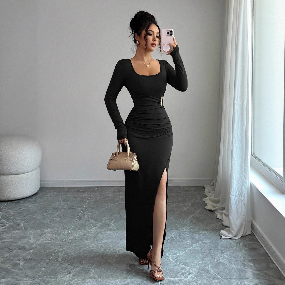 Damen nan körpernahes Maxikleid mit Quadratausschnitt, taillierter Raffung und hohem Seitenschlitz Echo Archiv