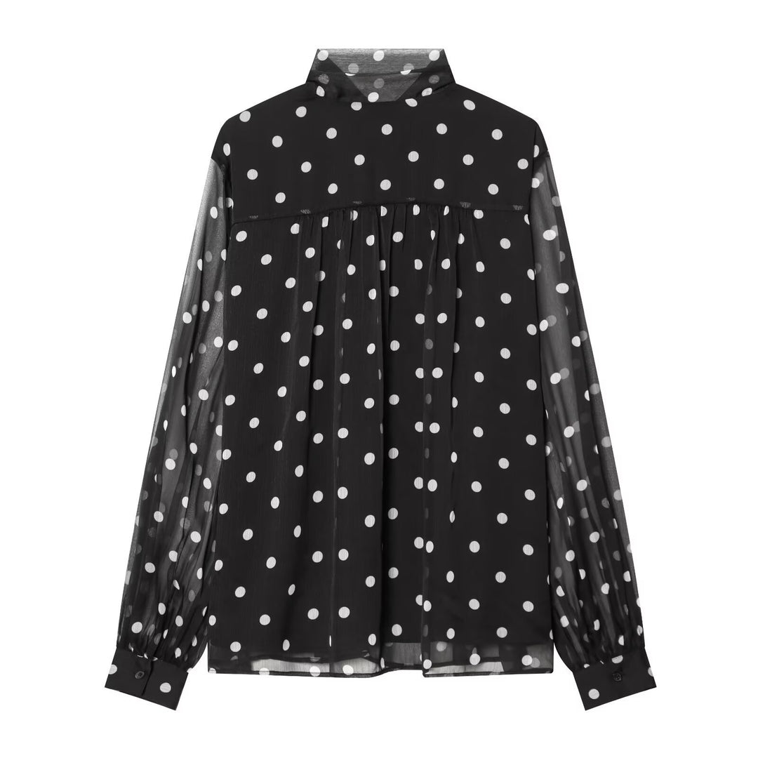 Damen Chiffonbluse mit Polka-Dot, Schleifenbindekragen und transparenten Ballonärmeln Echo Archiv