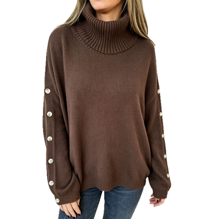 Damen Oversized Rollkragenpullover mit Ärmel-Knopfleiste – Mavelle