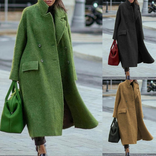 Damen nan Cape-ähnlicher doppelreihiger Wollmantel mit weitem Fall, hohem Stehkragen und Pattentaschen Echo Archiv