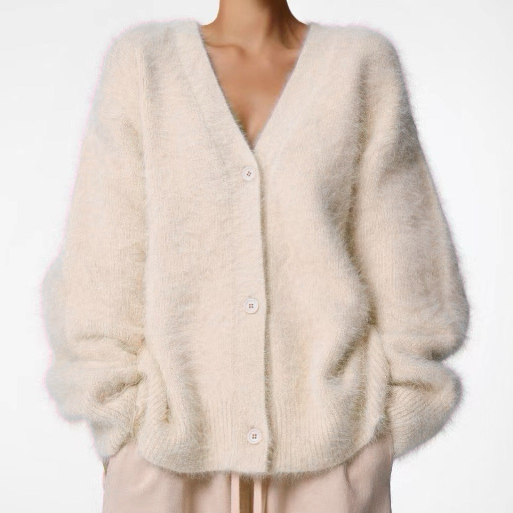 Damen Kuscheliger Oversize-Cardigan aus Teddy-Strick mit tiefem V-Ausschnitt – Veloura