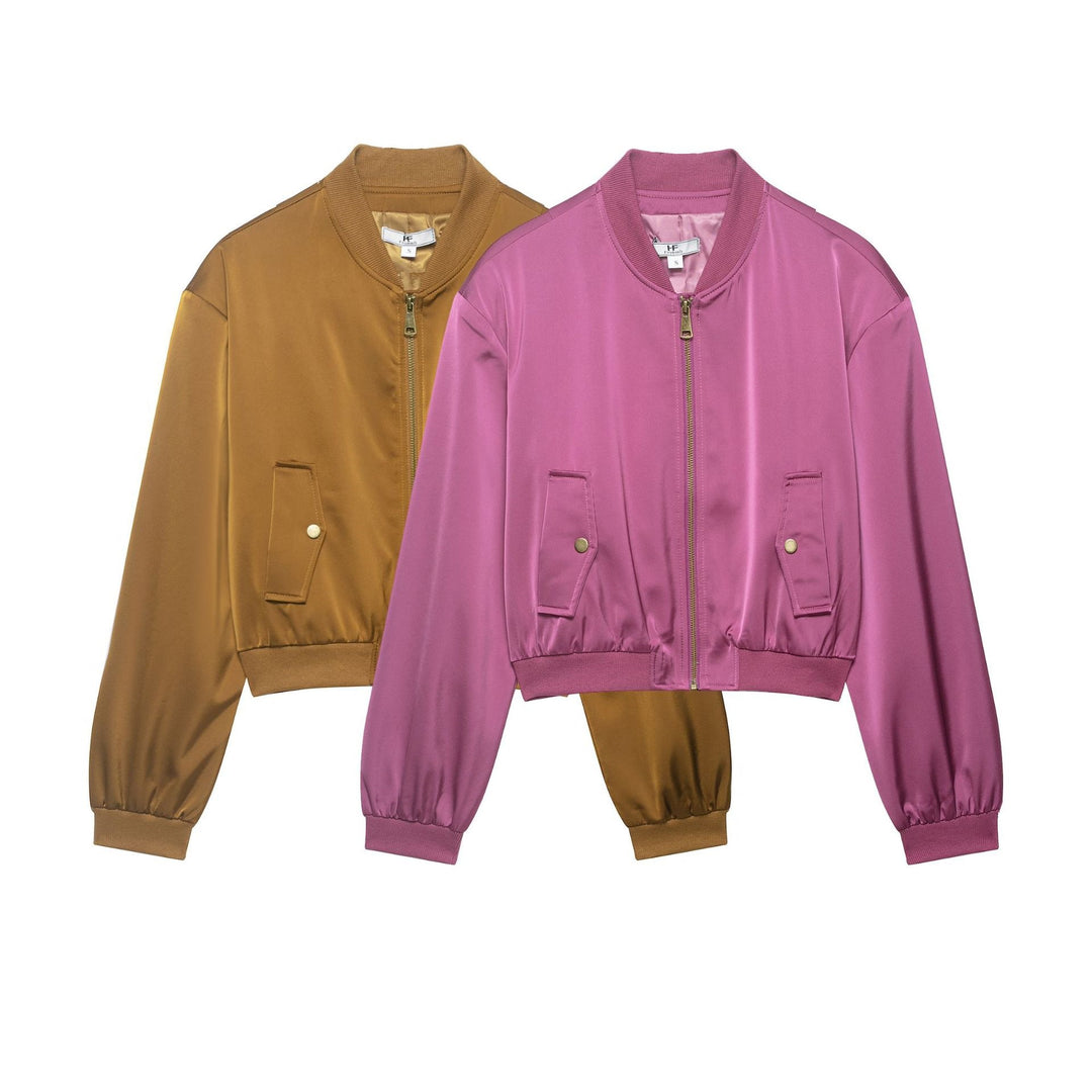 Damen gekürzte Satin-Bomberjacke mit Rippsaum und aufgesetzten Pattentaschen Echo Archiv