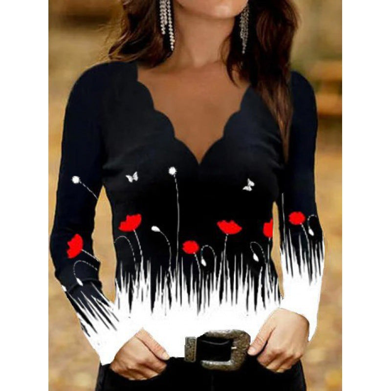 Damen Glitzer-Intarsien Langarmshirt mit V-Ausschnitt und Schmuckstein-Effekt – Maréline