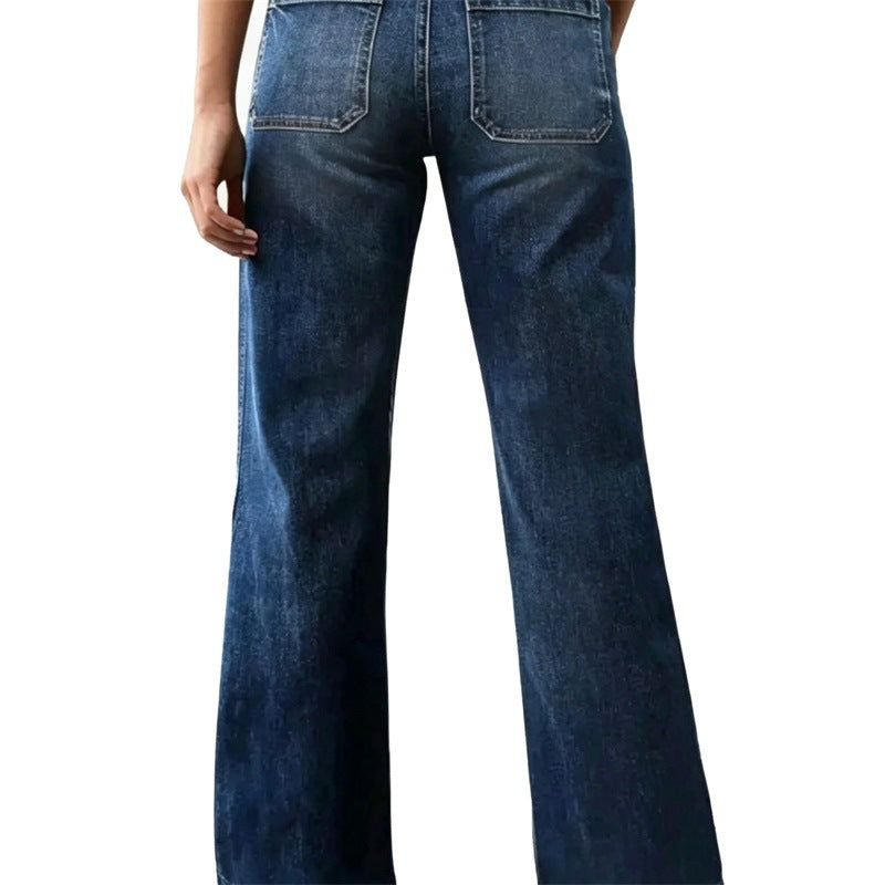 Damen Hochtaillierte Denim-Jeans mit weitem Schlagbein und aufgesetzten Vordertaschen Echo Archiv