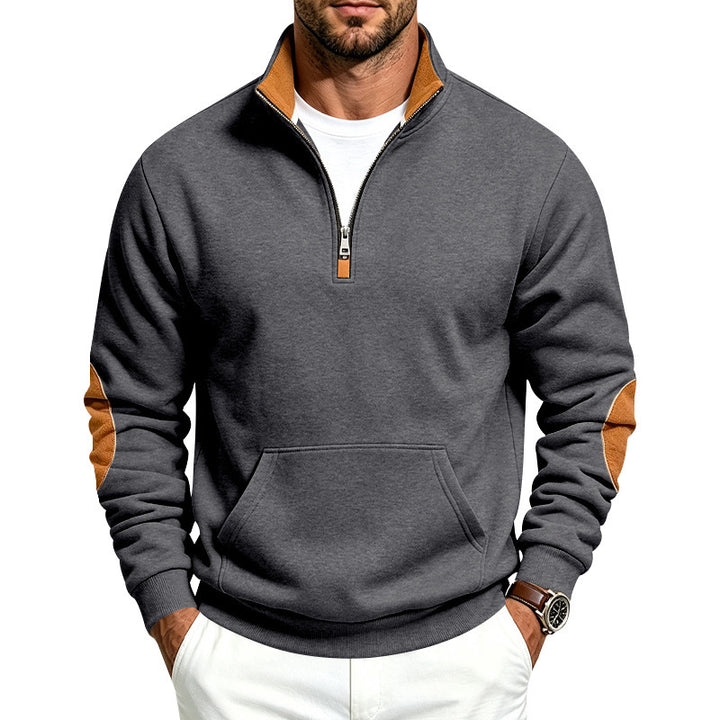 Herren Troyer-Pullover mit halbem Reißverschluss, Kängurutasche und Ellbogen-Patches Echoarchiv